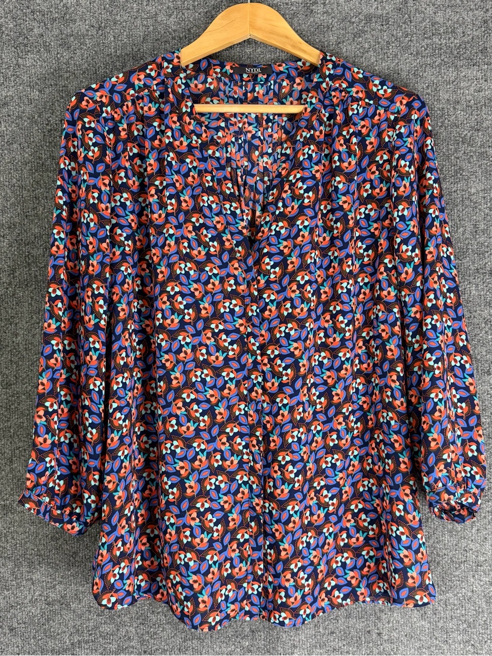 NYDJ Womens 3/4 Sleeve Floral Button Front Top Size Large Office Career Casual